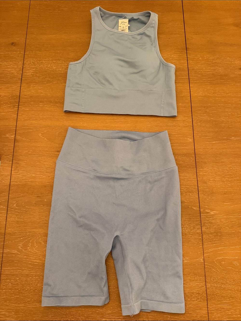 Jcrew Light Blue Ribbed Active Crop Top & High-Waist Biker Shorts Set